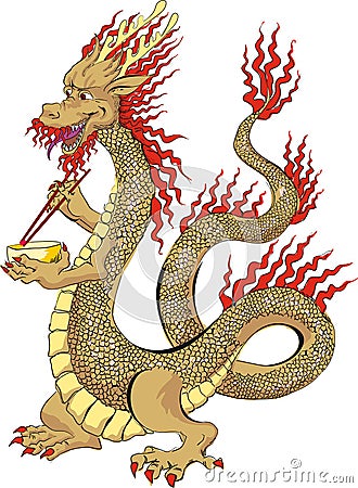 Cheerful Asian dragon holding a plate and chopsticks. Vector Illustration